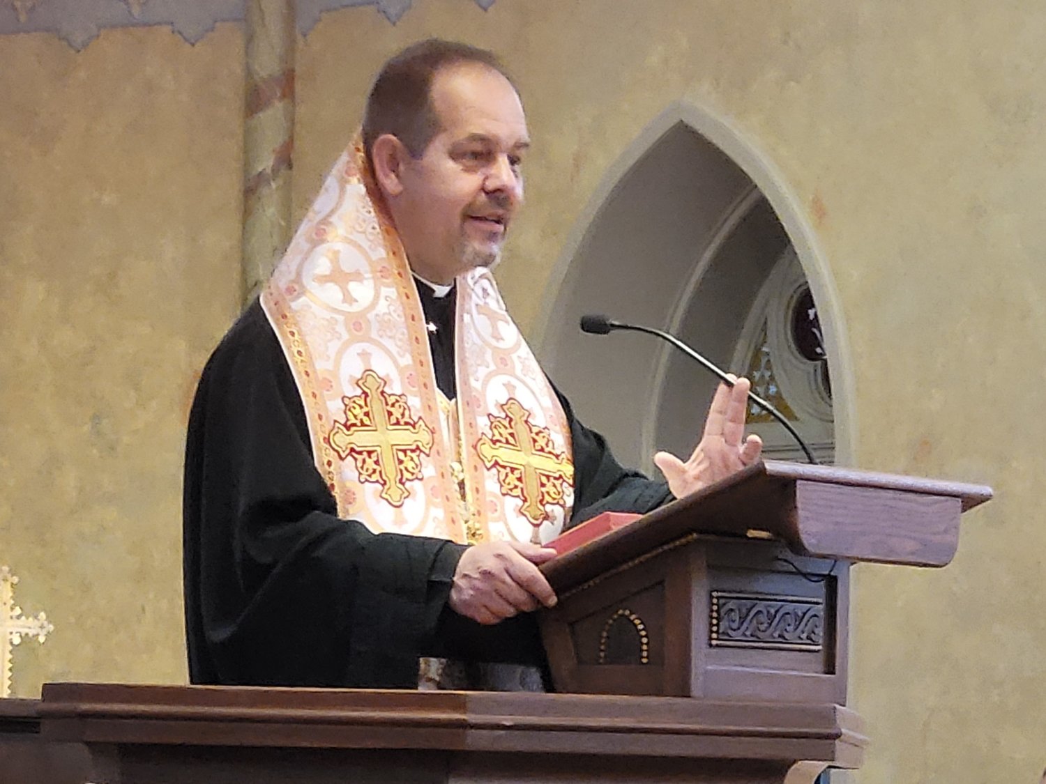 Ukrainian Greek Catholic Bishop Bohdan J. Danylo of the Eparchy of Saint Josephat in Parma, Ohio, speaks to the students of St. Peter School in Jefferson City at the end of an all-school Mass on Oct. 6.
